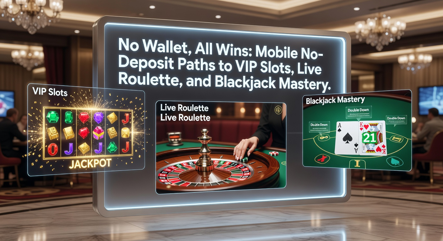 Smartphone zeigt VIP-Slot-Spiele mit No-Deposit-Bonus, Roulette-Tisch und Blackjack-Karten auf einem mobilen Bildschirm